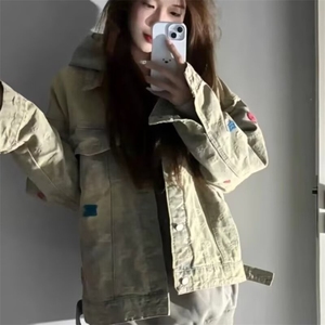 做旧牛仔外套男女宽松秋季款ins刺绣提花夹克黄泥色翻领JK313图片