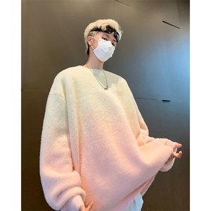 秋冬新款粉色渐变套头毛衣女慵懒风设计感小众水貂毛宽松针织上衣图片