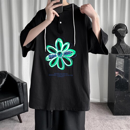 LD54170-P45 连帽短袖t恤男大码胖子带帽五分袖中袖图片