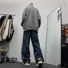 高街牛仔裤男拼条纹韩版个性阔腿美式2024冬季ins长裤RK1263-P58，男装牛仔裤，星座412-2