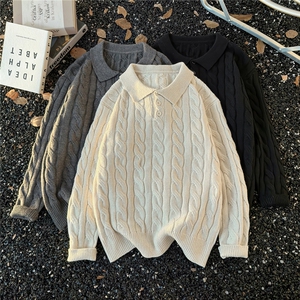 港风秋冬款男polo领麻花毛衣宽松针织衫外套MA11 P50图片