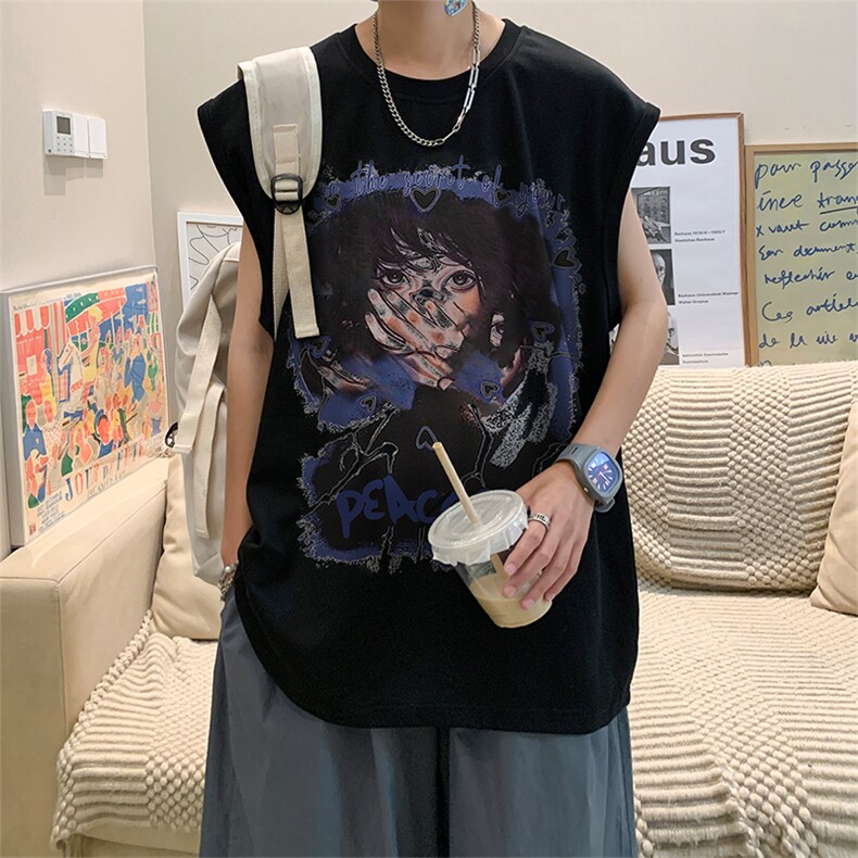 直播品质重磅纯棉220克美式印花宽松背心男女无袖t恤潮BX382P25,男装T恤,电商A486