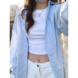 奶蓝色长袖衬衫男夏季薄款叠穿防晒衬衣纯色慵懒风外套 CY35图片