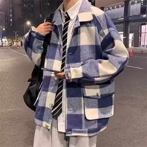 400-P67 男装格纹毛呢外套男秋冬新款时尚休闲宽松含羊毛夹克图片