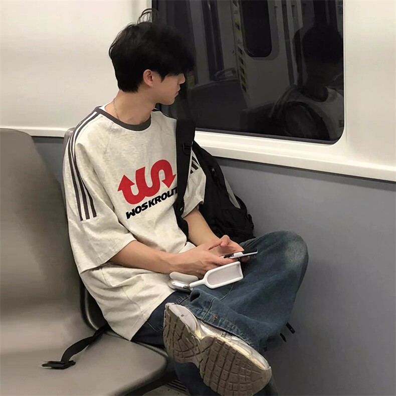 夏季美式高街重磅纯棉三条杠织带撞色男女短袖T恤ZD309-特P30,男装T恤,电商A486