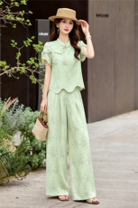 现货新中式风套装女2026夏季新款提花波浪边上衣阔腿裙裤两件套，女装套装/套裙，艾仟回(原伊仟回)