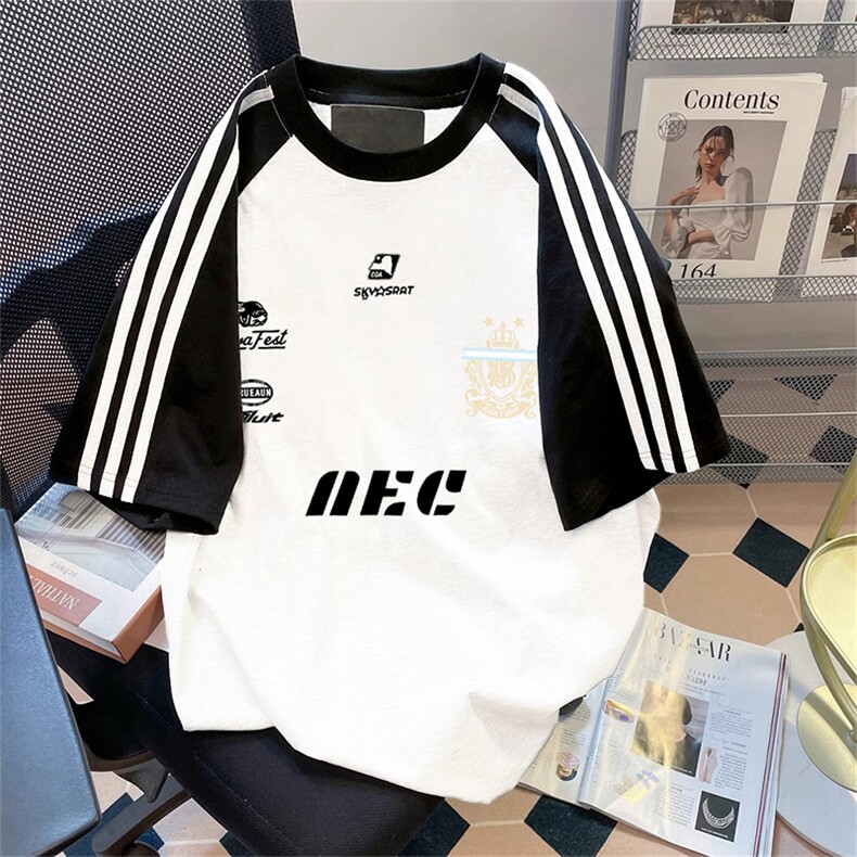 夏季美式高街重磅纯棉三条杠织带插肩撞色男女短袖T恤CZ11-特P25,男装T恤,电商A486