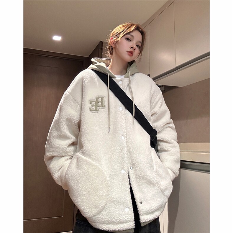 eq334贴补刺绣拼接连帽羊羔毛外套男女情侣装2024新款加厚棉服,男装棉衣,电商C306-1