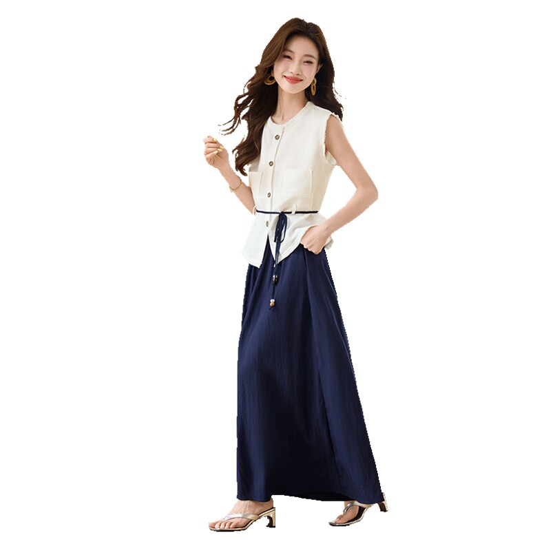 气质通勤时尚套装女2025夏季新款系带收腰无袖衬衫阔腿裤裙两件套,女装套装/套裙,宝儿家