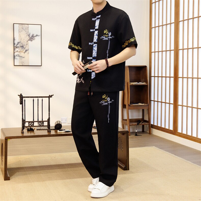 潮风套装男新中式短袖衬衫时尚休闲长裤两件套JZ303-P63,男装休闲套装,星座310B-3