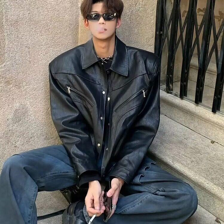 wt02-P68秋季小众解构高级感痞帅机车上衣外套男复古潮牌PU皮衣,男装皮衣,电商B323A