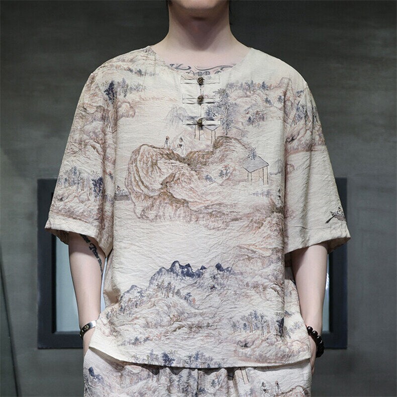 2025春季新款男装禅服风冰丝印花竹叶盘扣短袖T恤C103-P45,男装T恤,电商B277(原6028)