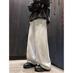 牛仔裤男美式水洗灰白色高街vibe痞帅宽松直筒阔腿长裤WH889-p53图片