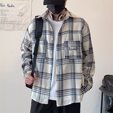 美式复古小众口袋格子衬衫长袖男潮牌休闲破坏毛边外套XC329/P38，男装衬衫，星座506