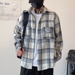 美式复古小众口袋格子衬衫长袖男潮牌休闲破坏毛边外套XC329/P38图片