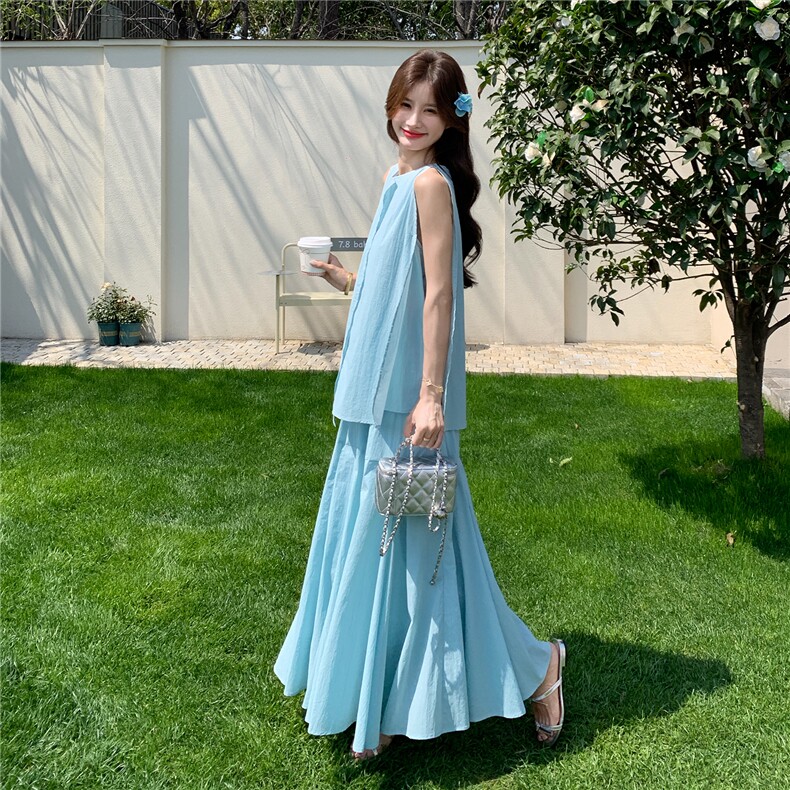 新款P195-K309开叉无袖小衫+大摆围松紧高腰半身群套装,女装套装/套裙,网红馆