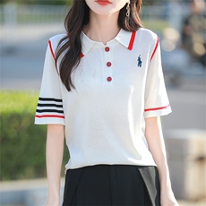 夏季新款简约翻领刺绣短袖冰丝面料宽松百搭显瘦时尚休闲上衣，女装针织衫/毛衣，萱芳婷羊绒