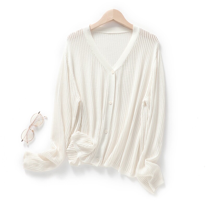 春季经典百搭丝绵V领镂空开衫长袖，女装针织衫/毛衣，东远绒业