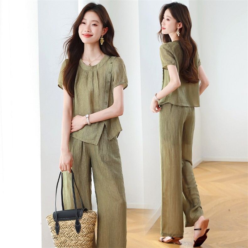 薄款冰丝衬衫女2025夏季新款高级感时尚洋气减龄阔腿裤，女装大码女装，梦依杭