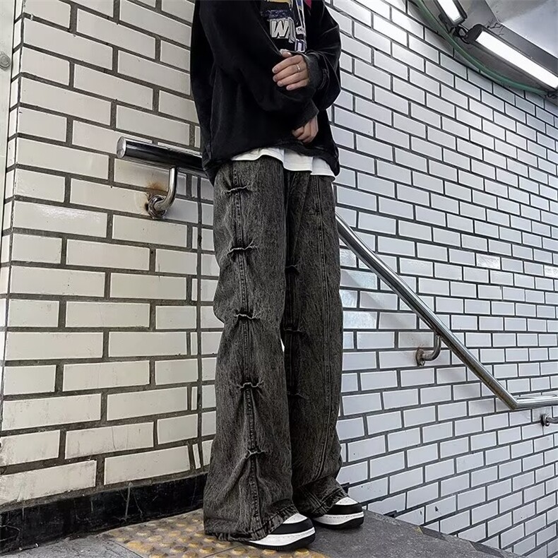 褶皱牛仔裤男美式复古vibe高街裤设计感宽松直筒微喇裤N0022-P55,男装牛仔裤,星座1109-3