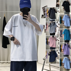 T06重磅特港风文艺男大码宽松五分袖半袖短袖T恤可定制大码男女图片