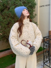 210-7701-P265-K388米白色短款碎花撞色羽绒服，女装羽绒服，韩蜜菓