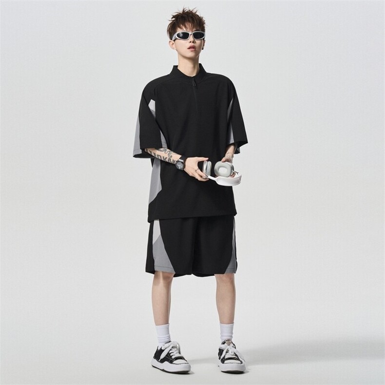 半拉链短袖t恤短裤男士夏季2025新款撞色两件套A406TZ5065特P58,男装T恤,星座309（原A406）