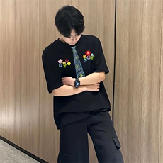 万针全刺绣解构设计260克重磅双纱纯棉高品质美式高街短袖T恤特35，男装T恤，电商A486