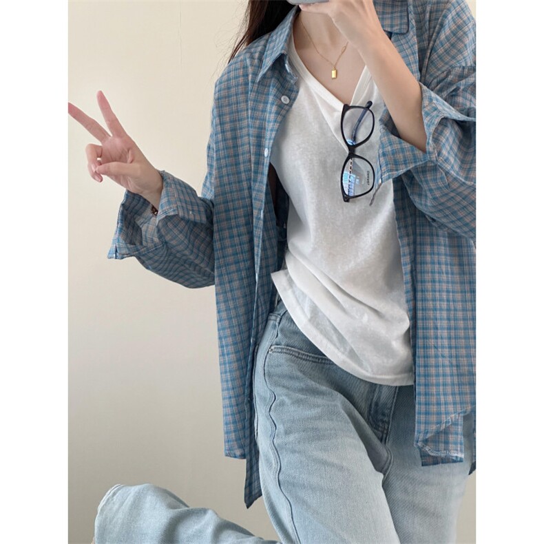 【有货】蓝色格子衬衫男女款美式宽松慵懒风外套B254CC-P45,男装衬衫,星座1007（原301D）