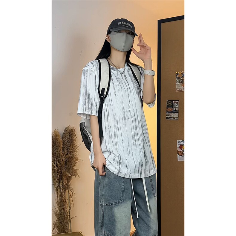 休闲风百搭短袖T恤男女宽松圆领条纹肌理感内搭上衣T3695-特价P22,男装T恤,电商A007
