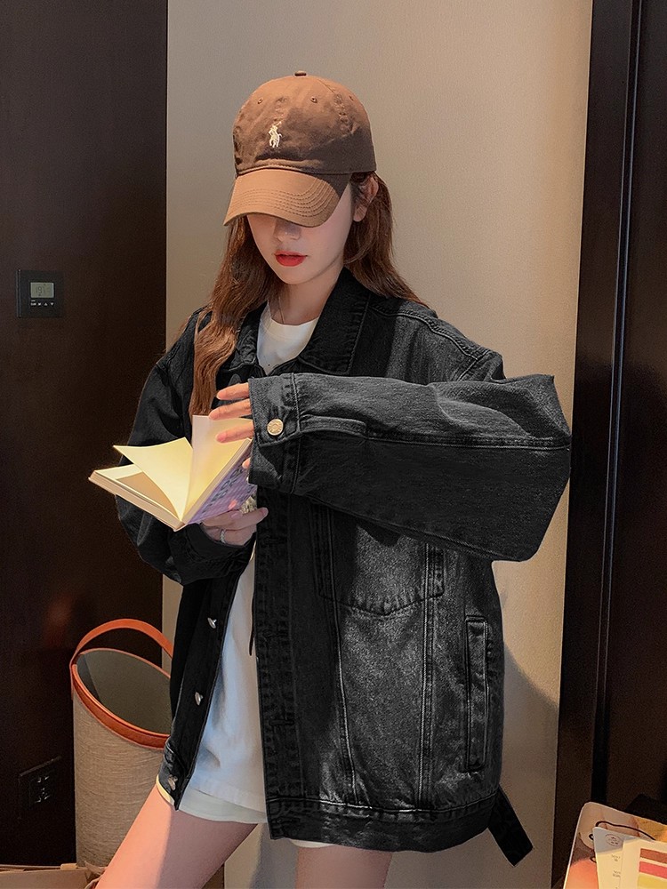 小个子美式复古夹克蓝色翻领宽松牛仔外套女秋季,女装短外套,Mushroom