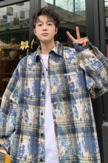 衬衫男秋季新款港风宽松扎染刺绣格子长袖衬衣CS3098-特P30无差价，男装衬衫，星座214-3