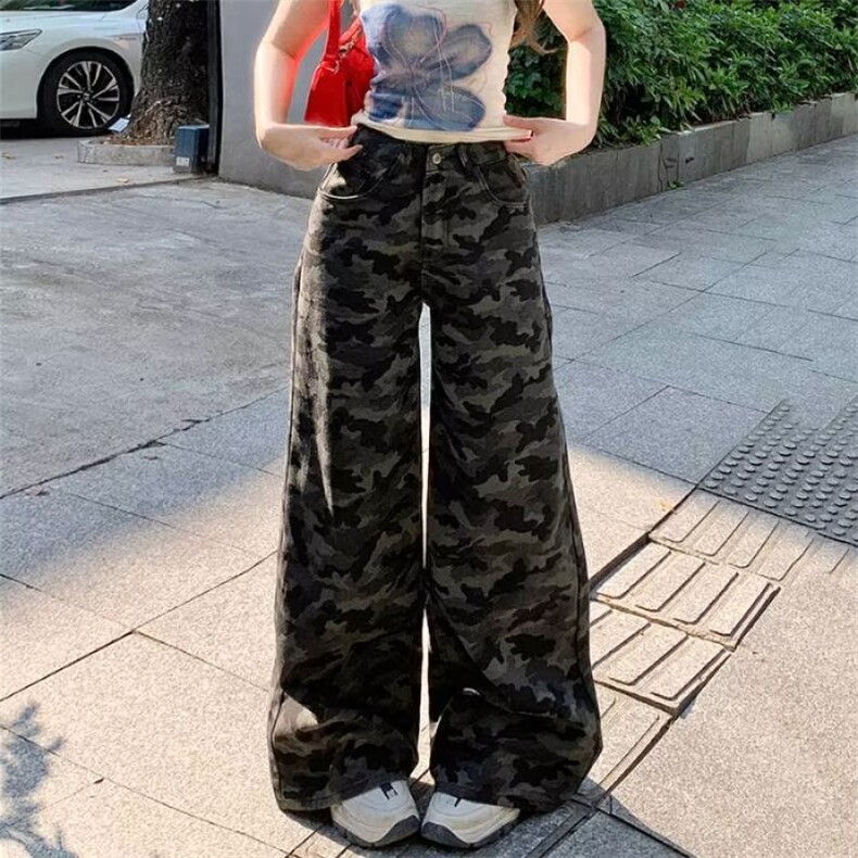 266-P35 大码美式迷彩工装牛仔裤女夏季2025新款宽松显瘦图片