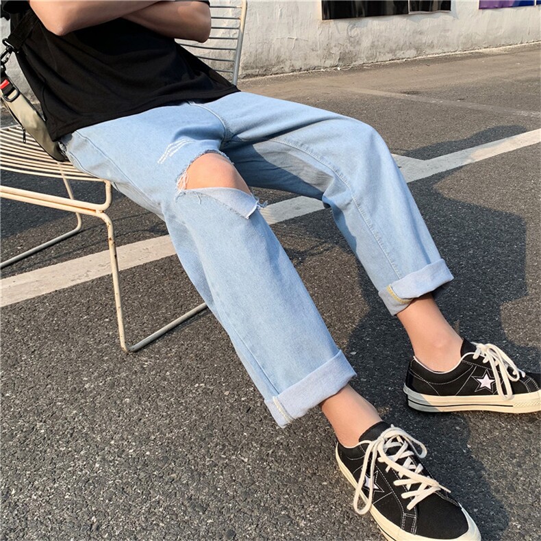 夏款男裤牛仔裤破洞宽松下坠字母印花潮流苏直筒九分裤n,男装牛仔裤,星座1013-1