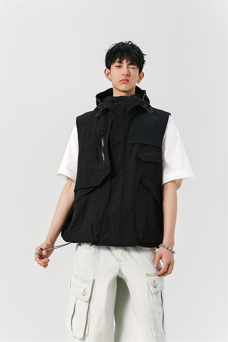 8XL-M钓鱼老外套街头机能口袋连帽防水无袖马甲坎肩JK1316P78,男装夹克,电商D206-1