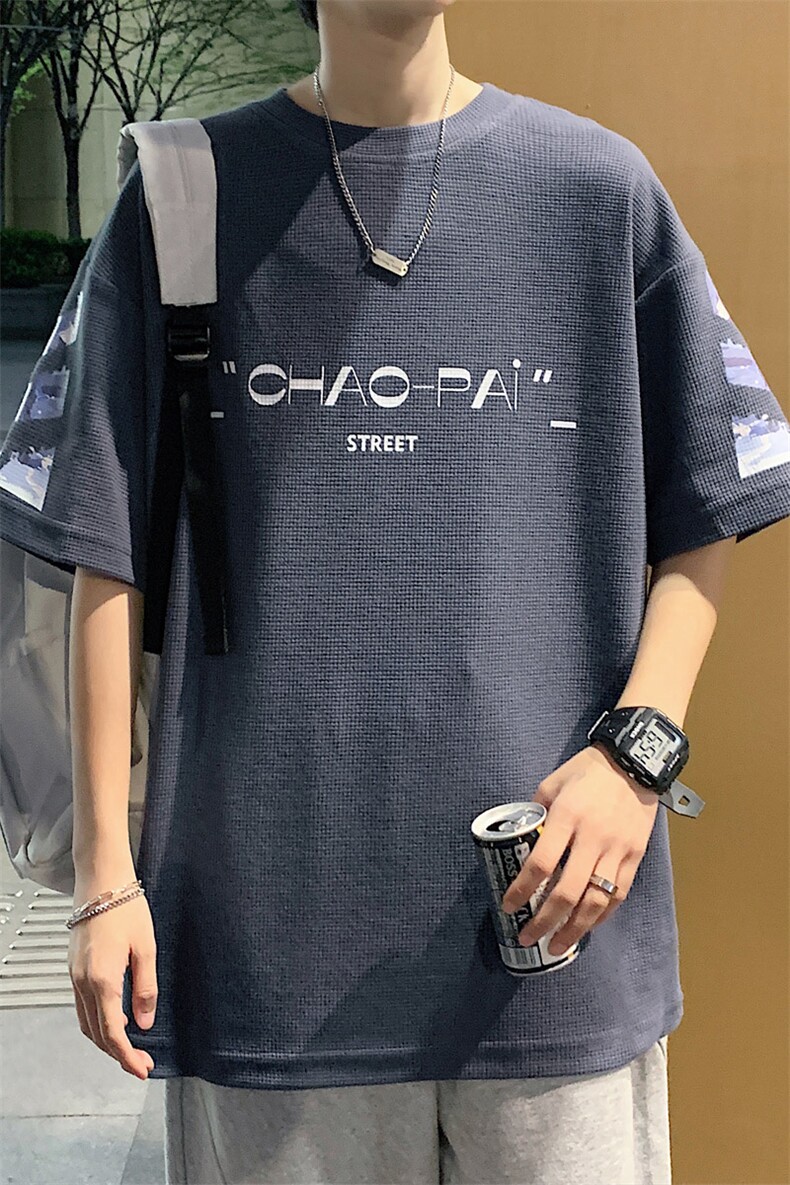 ！2024夏季新款男士潮流华夫格短袖T恤印花半袖TXH208P35,男装T恤,电商B220