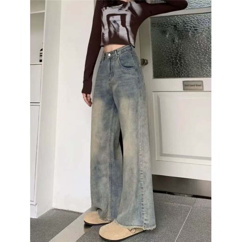美式慵懒风加绒加厚高腰牛仔裤女秋冬2026年阔腿毛边显瘦直筒裤子,男装牛仔裤,星座506A