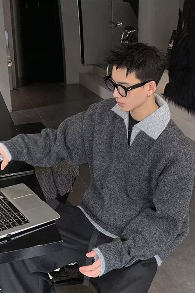 濮院毛衣备货1万假两件V领针织polo衫氛围感老钱风毛衣LF113P65特,男装针织衫/毛衣,电商D256-2(原A064-2)