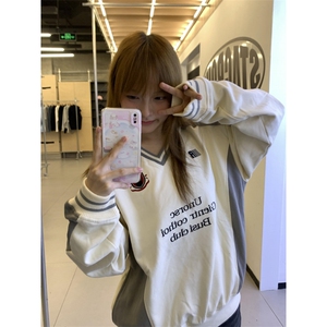 【有货】N828CC-特P46 徽章V领撞色拼接美式重磅运动卫衣男女图片