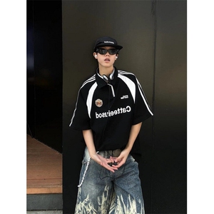 复古polo衫短袖t恤男女夏季撞色拼接字母印花半袖男 TL14图片
