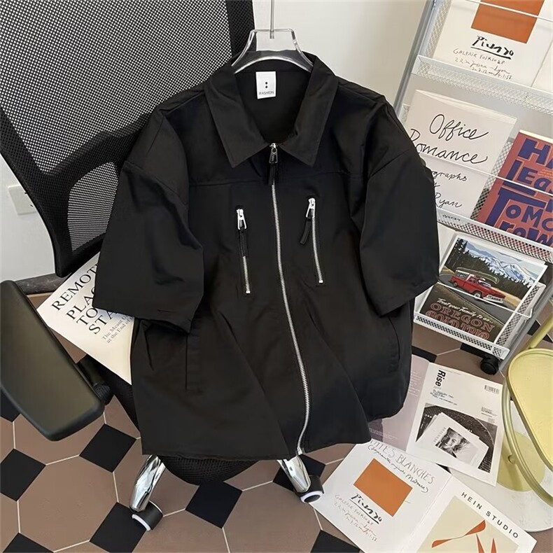 拉链衬衫短袖高街夏季浅蓝工装衬衣带垫肩C1112P38,男装T恤,星座1116-2