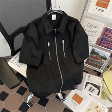 拉链衬衫短袖高街夏季浅蓝工装衬衣带垫肩C1112P38，男装T恤，星座1116-2