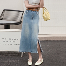 高腰蕾丝花边开叉牛仔半身裙女2025春季新款百搭设计感显瘦直筒裙，女装半身裙，美拉德工厂直营店