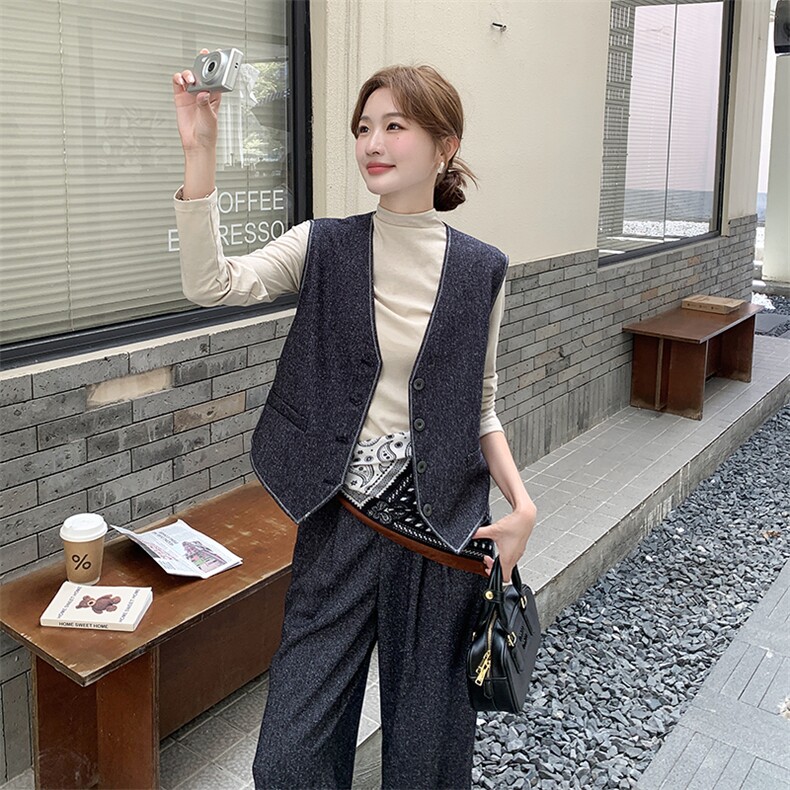 2025法式老钱风马甲+打底+高腰阔腿裤三件套,女装套装/套裙,1D066-1