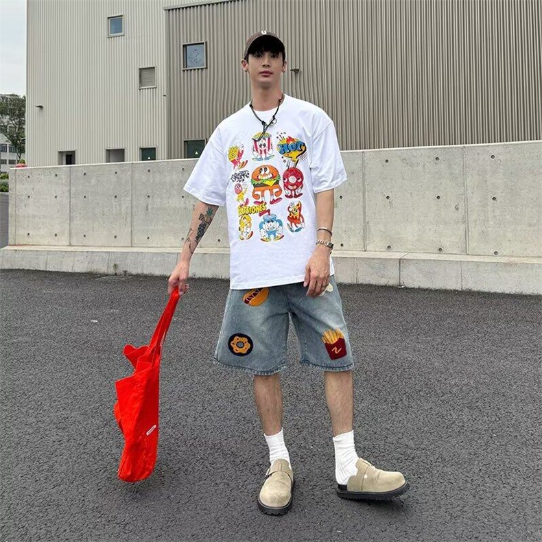 2025夏季新款创意卡通汉堡印花青少年休闲百搭五分牛仔裤,男装牛仔裤,星座410-6（原星座1304-1）