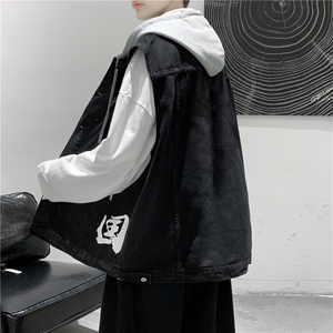 wassup happy牛仔马甲外套男夏季薄款潮流坎肩上衣服休闲带帽褂子图片