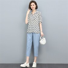 短袖套装女夏装2022新款韩版气质波点套头上衣休闲九分裤潮，女装套装/套裙，奕阳依阁