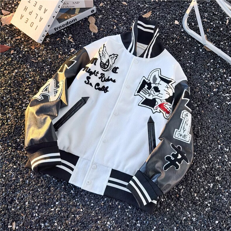 秋季新款潮牌重工刺绣PU皮拼接棒球服男美式宽松潮流情侣夹克外套,男装夹克,星座1210-1