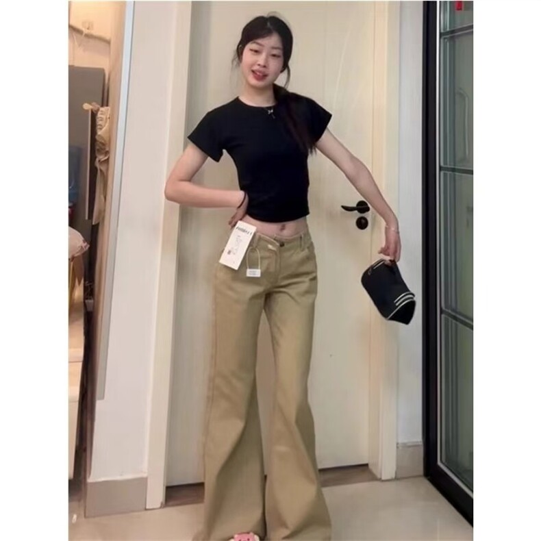 卡其色低腰微喇叭牛仔裤女xs小个子宽松阔腿显瘦藏肉休闲拖地长裤,男装牛仔裤,星座506A