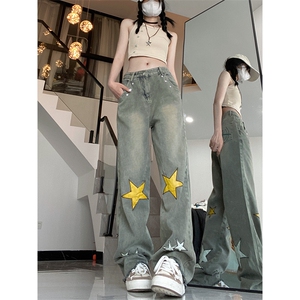 2502大码胖MMvibe星星刺绣复古高腰直筒毛边牛仔裤女P58图片